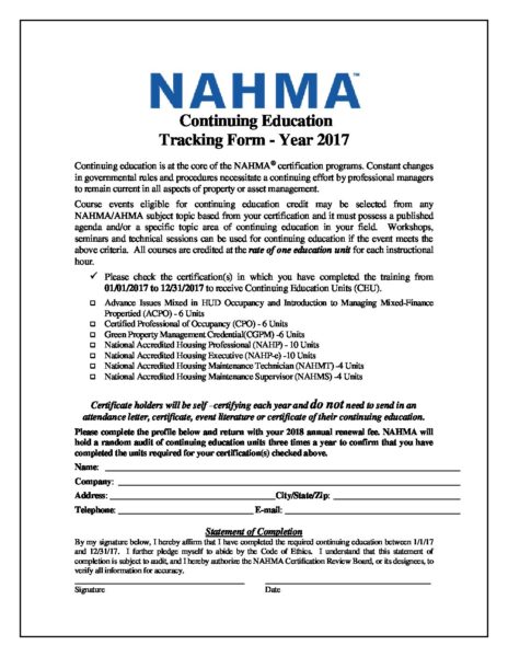 NAHMA Continuing Education Tracking Form, 2017 - NAHMA