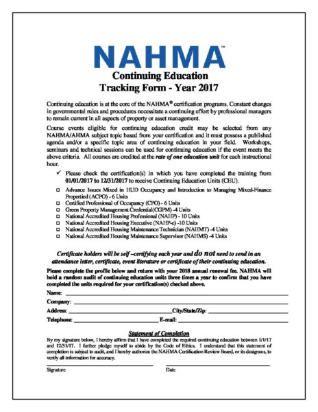 NAHMA Continuing Education Tracking Form, 2017 - NAHMA