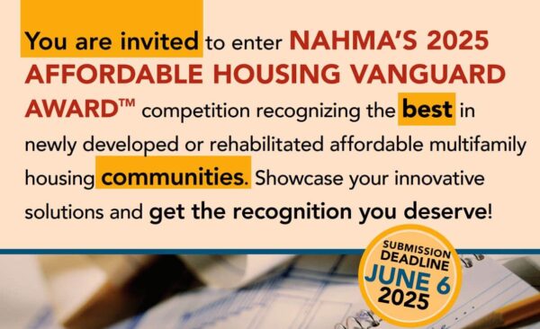 Affordable housing award invitation for NAHMA's 2025 Vanguard competition highlighting communities.