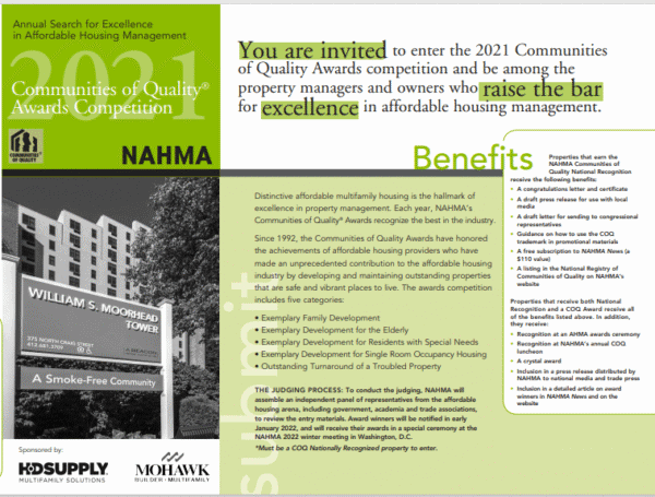 NAHMA 2021 Communities of Quality Awards for affordable housing excellence.