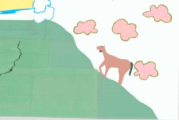 Child's drawing of a dog on a hill with clouds, colorful and simple art.