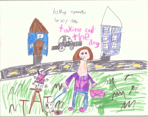 Taking responsibility for my child, walking dogs, and enjoying neighborhood scenery in a colorful, c.