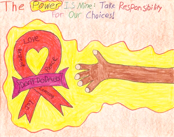 Protective heart with words promoting love, peace, and anti-drug messages, with a hand reaching out.