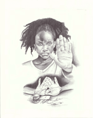 A woman with dreadlocks holds up her hand in a stop gesture, symbolizing empowerment and advocacy.
