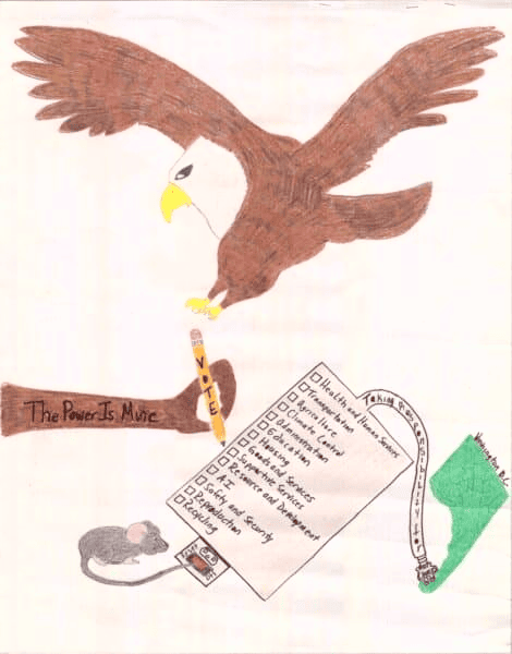 Eagle drawing holding a pencil and a checklist with a green paper, symbolizing achievement and succe.