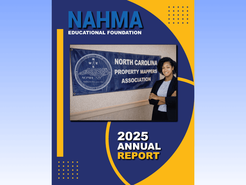 NAHMA 2025 Annual Report cover with a woman standing next to a North Carolina Property Mappers Assoc.
