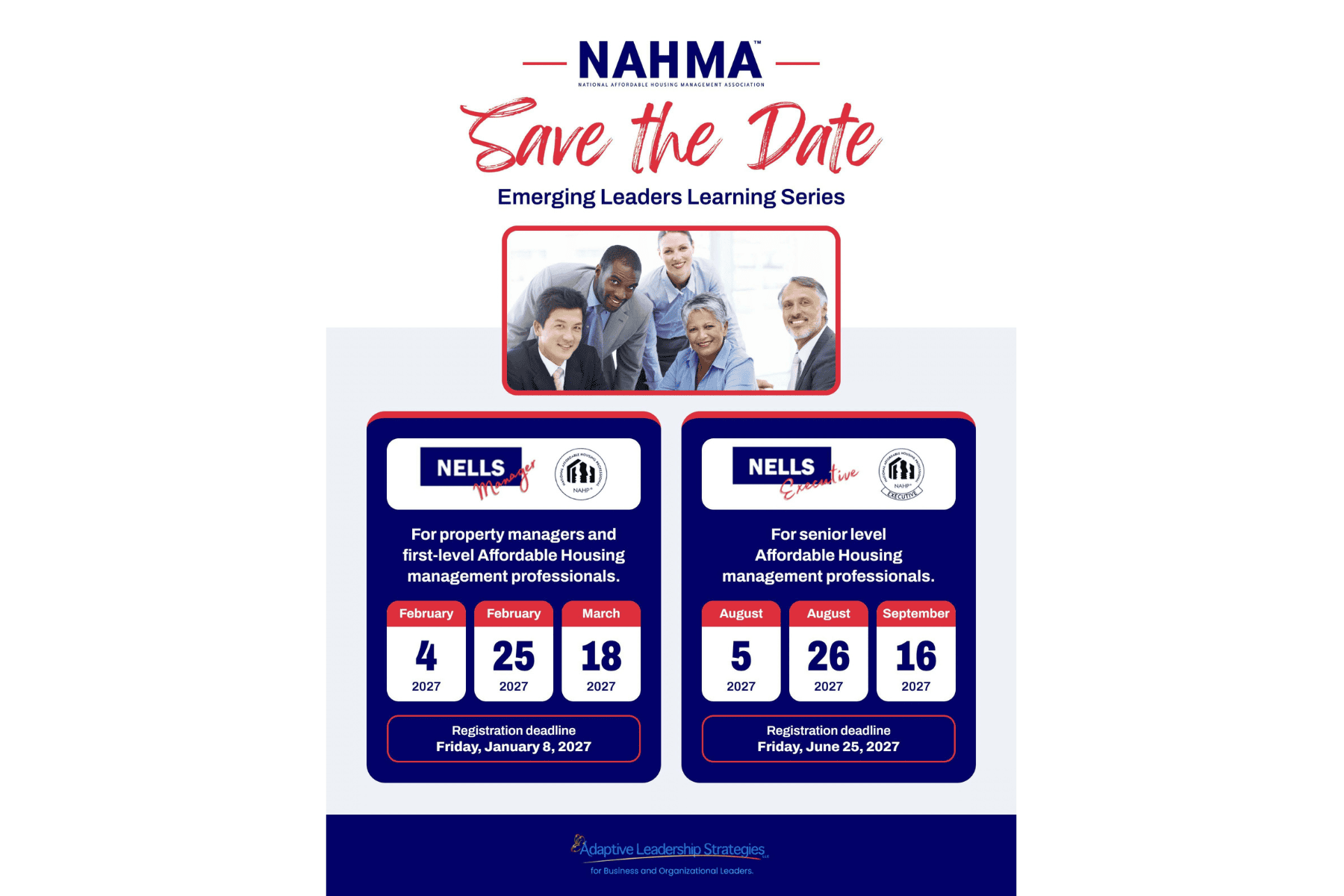 NAHMA Emerging Leaders Learning Series event poster with dates and registration deadline.